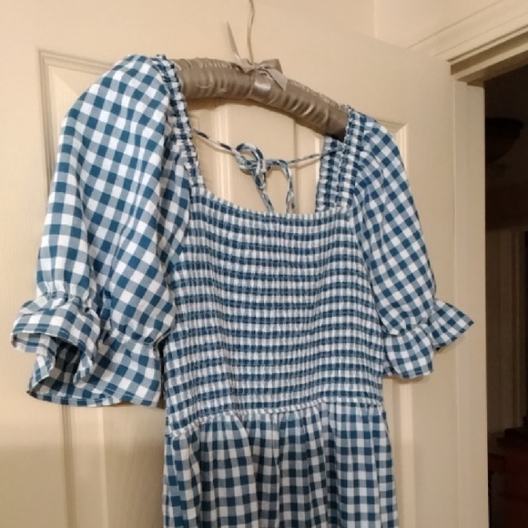 Blue Gingham Smocked Midi Dress - Picture 2 of 7